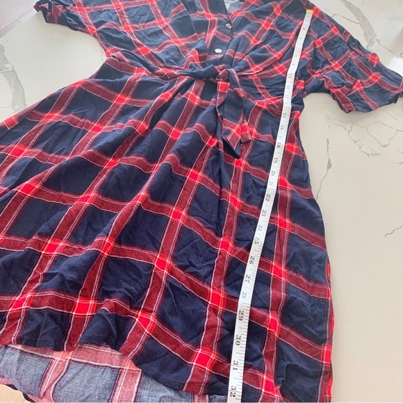 Navy Red Plaid Check Tie-Front Shirt Dress - Picture 9 of 12